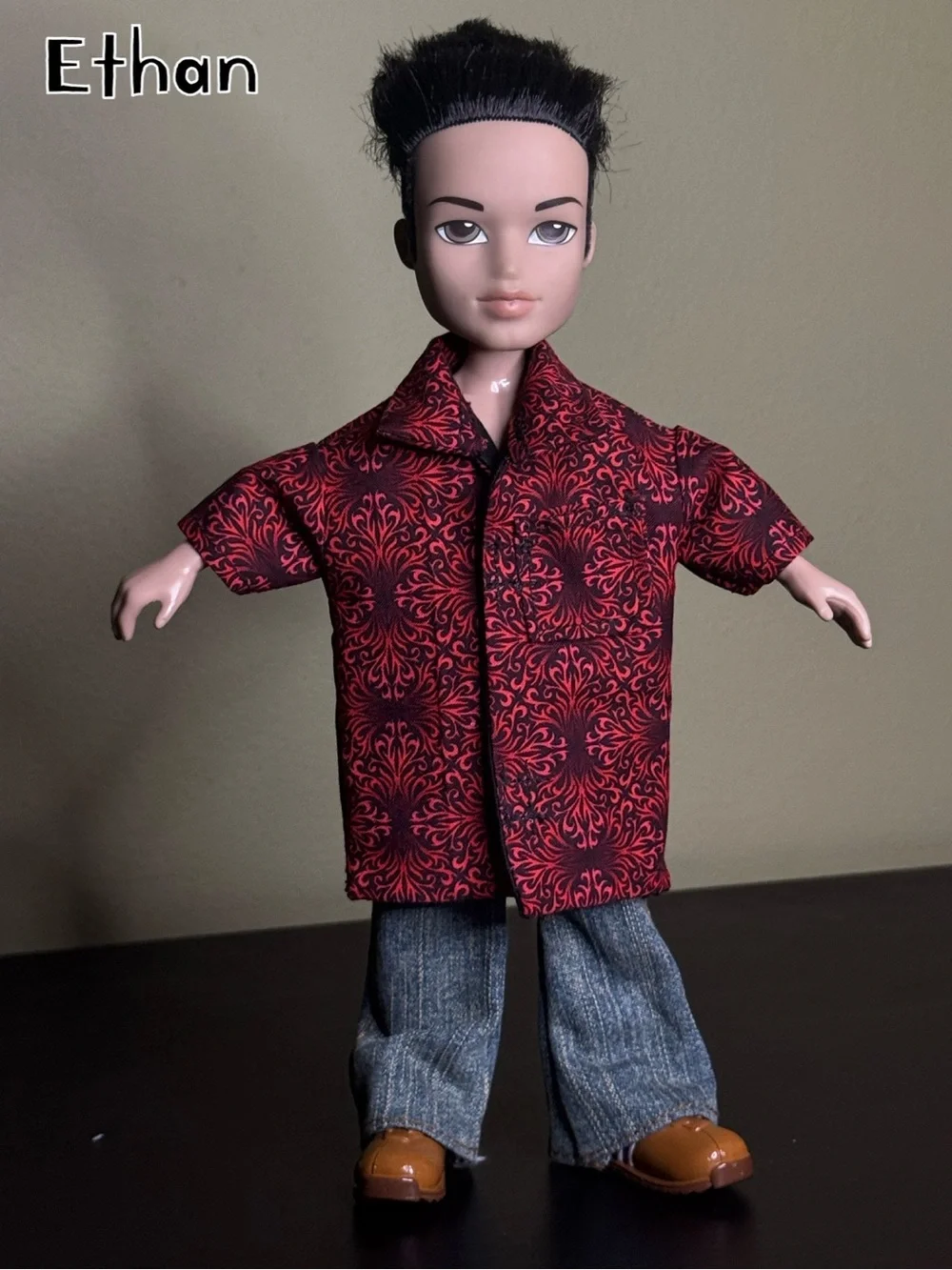 Crimson damask swirl print doll shirt lined in black